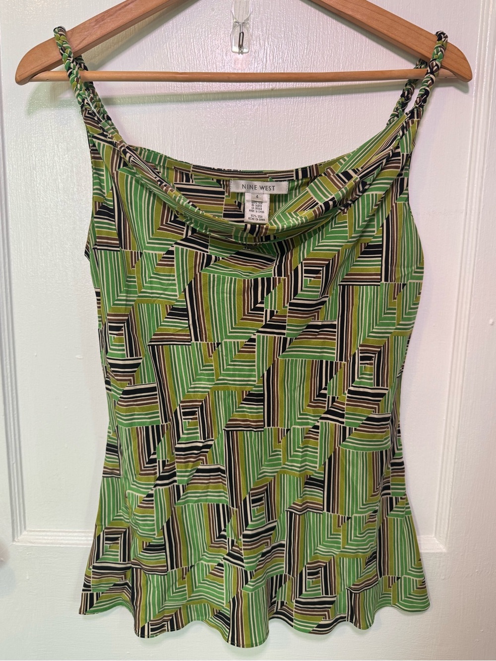 Nine West Vintage Y2K Silk Braided Strap Geometric Camisole Top with Cowl Neck